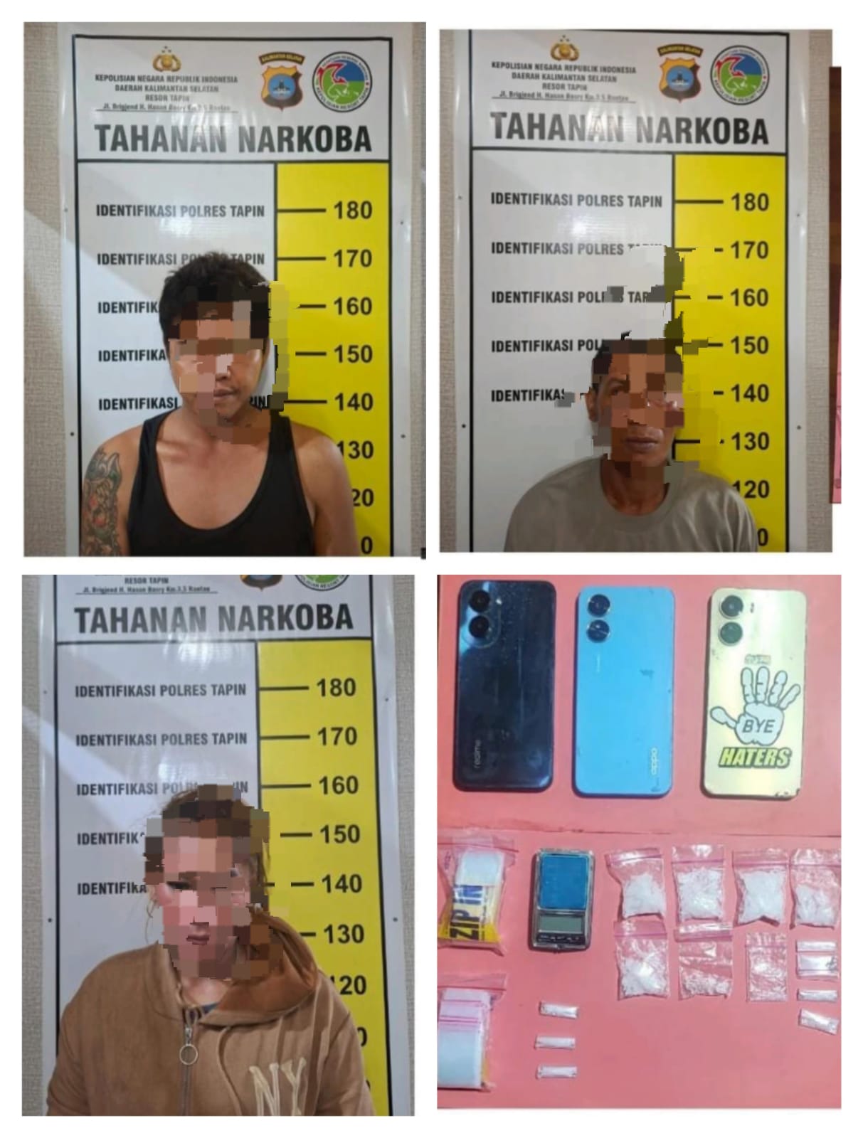 AMANKAN: Ketiga pelaku, dua di antaranya warga Kabupaten Banjar, bersama dengan barang bukti yang diamankan Satresnarkoba Polres Tapin. (Foto Humas Polres Tapin)