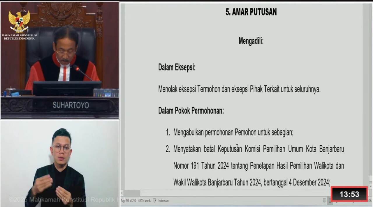SIDANG MK: Ketua MK Suhartoyo membacakan putusan permohonan PHPU Pilwali Banjarbaru. (Foto: tangkapan layar)