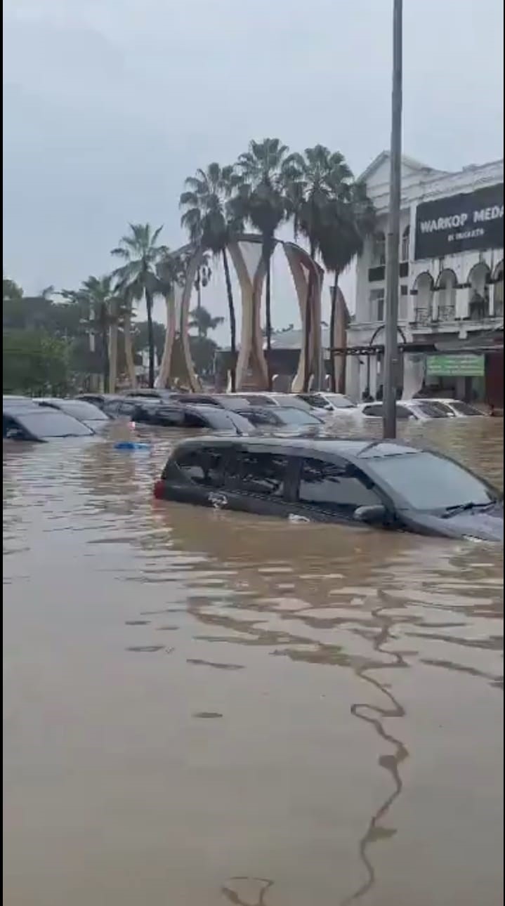 Beberapa mobil yang terendam banjir pada musibah banjir yang terjadi di Jabodetabek. (foto: tangkapan layar media sosial)
