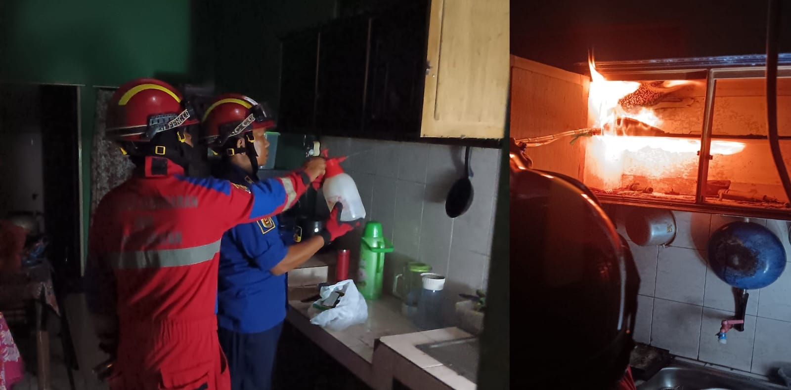 METODE BAKAR: Petugas UPT Damkar Banjarbaru mengevakuasi sarang lebah madu yang bersarang di dalam lemari dapur rumah warga, Selasa (18/3) malam. (Foto: UPT Damkar Banjarbaru)