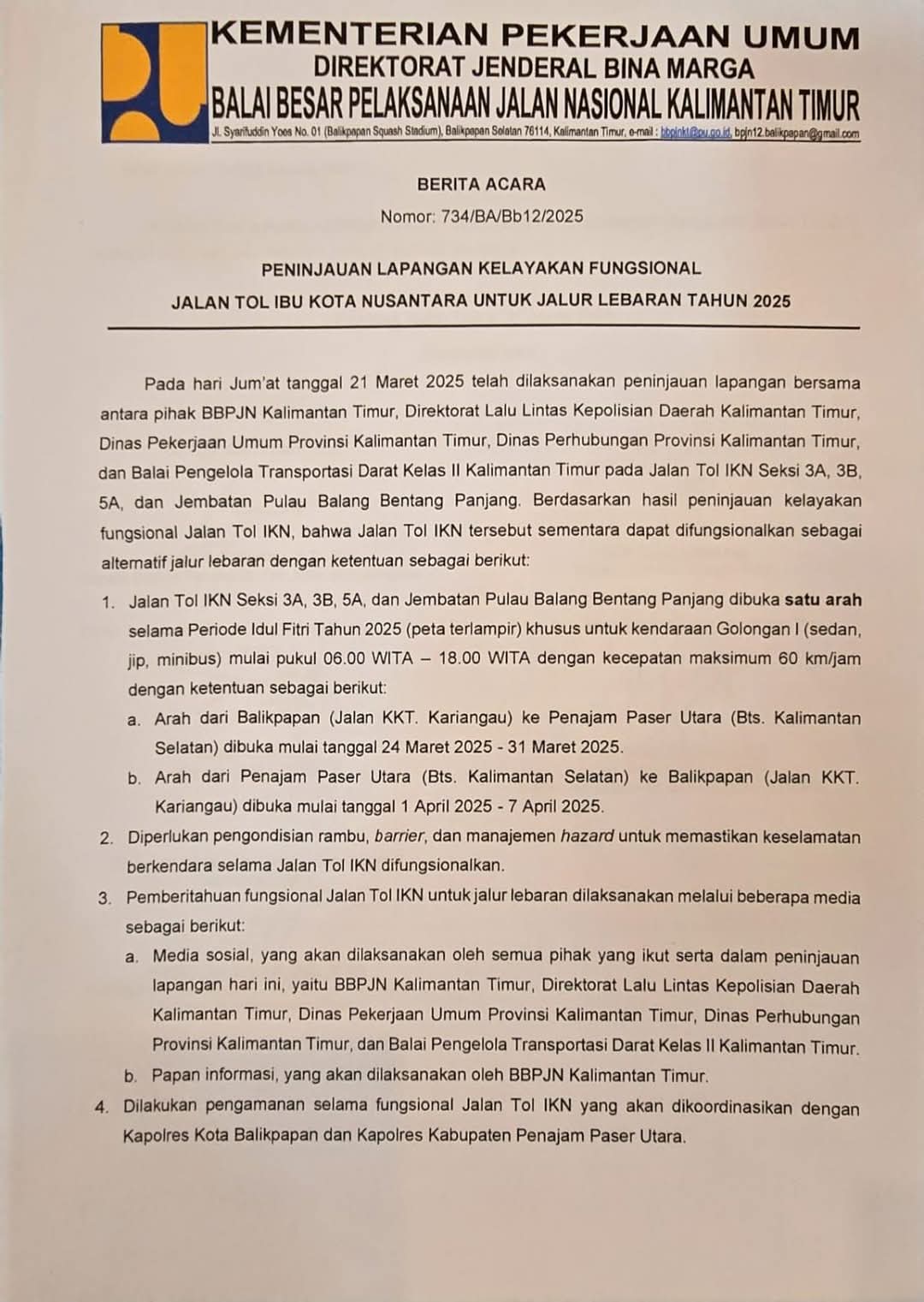 EDARAN RESMI:Hasil peninjauan kelayakan fungsional Jalan Tol IKN untuk mudik Lebaran 2025 dari Ditjen Bina Marga BBPJN Kaltim.(foto:WA Ditjen Bina Marga BBPJN Kaltim)