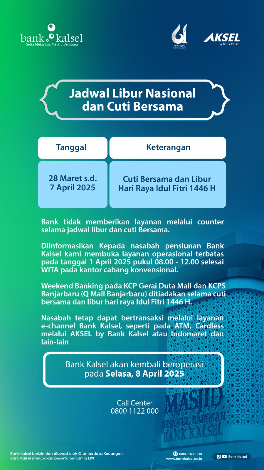 OPERASIONAL:Kegiatan operasional Bank Kalsel yang akan buka kembali tanggal 8 April 2025.(foto:Bank Kalsel untuk Radar Banjarmasin)