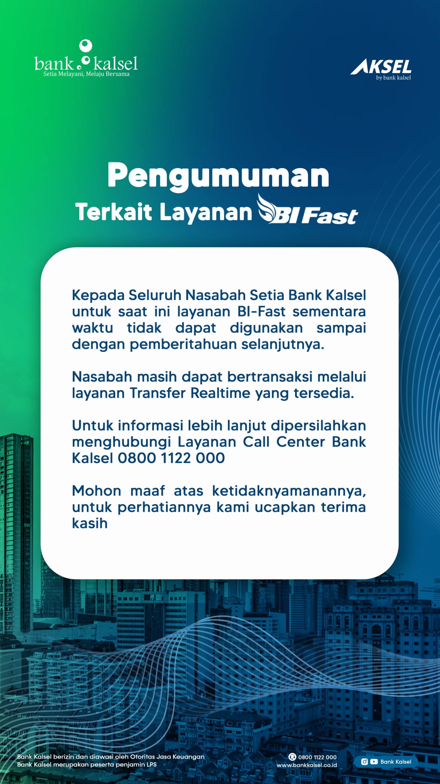 GANGGUAN:Untuk sementara layanan BI Fast di Bank Kalsel belum bisa diakses.(foto:Bank Kalsel)