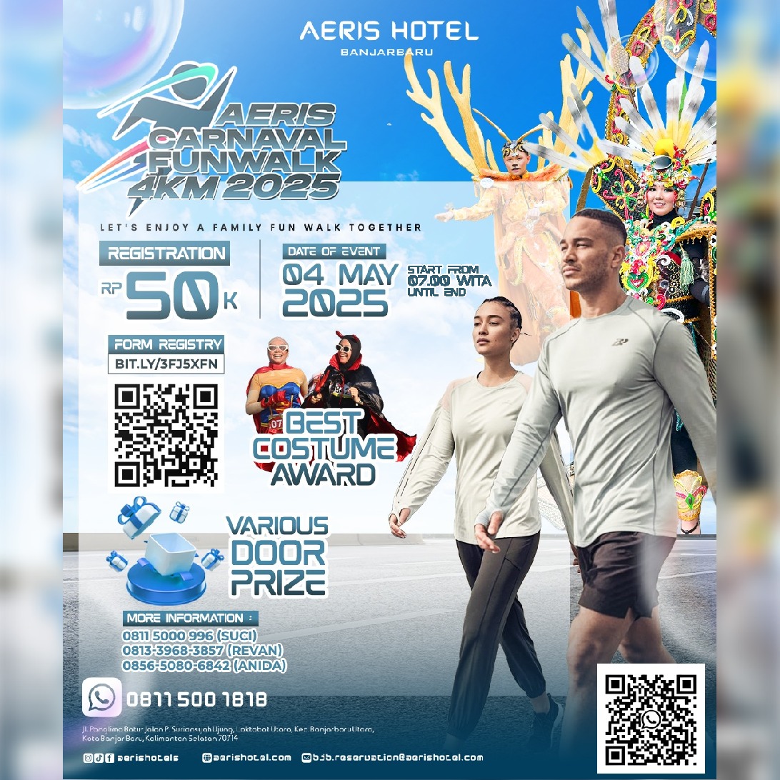 DIJAMIN SERU: Aeris Carnaval Fun Walk digelar pada 4 Mei 2025 mendatang.(foto: Aeris Hotel Banjarbaru untuk Radar Banjarmasin)