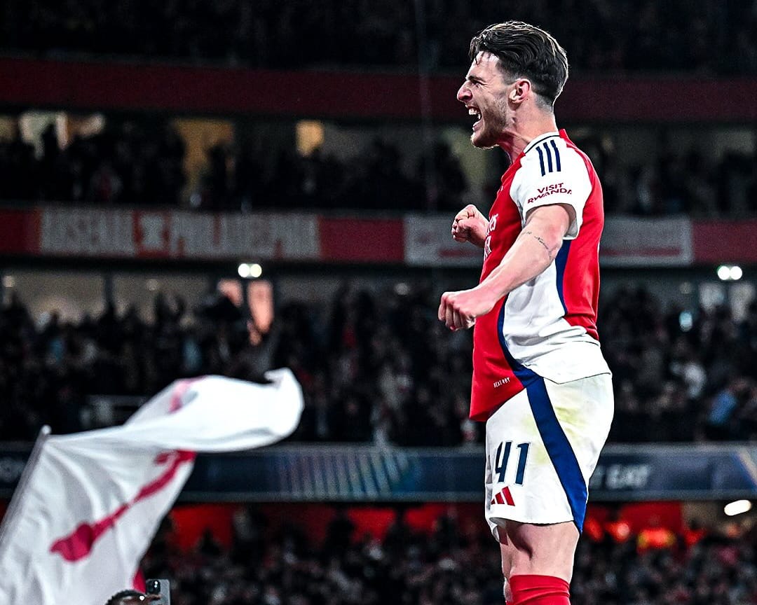 GACOR:Declan Rice mencetak dua dua gol lewat tendangan bebasnya ke gawang Real Madrid di leg pertama perempat final Liga Champions di Emirates Stadium.(IG Arsenal)