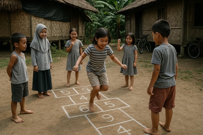 SATU KAKI: Anak-anak sedang bermain Badamprak di halaman rumah dengan penuh keceriaan. (AI)