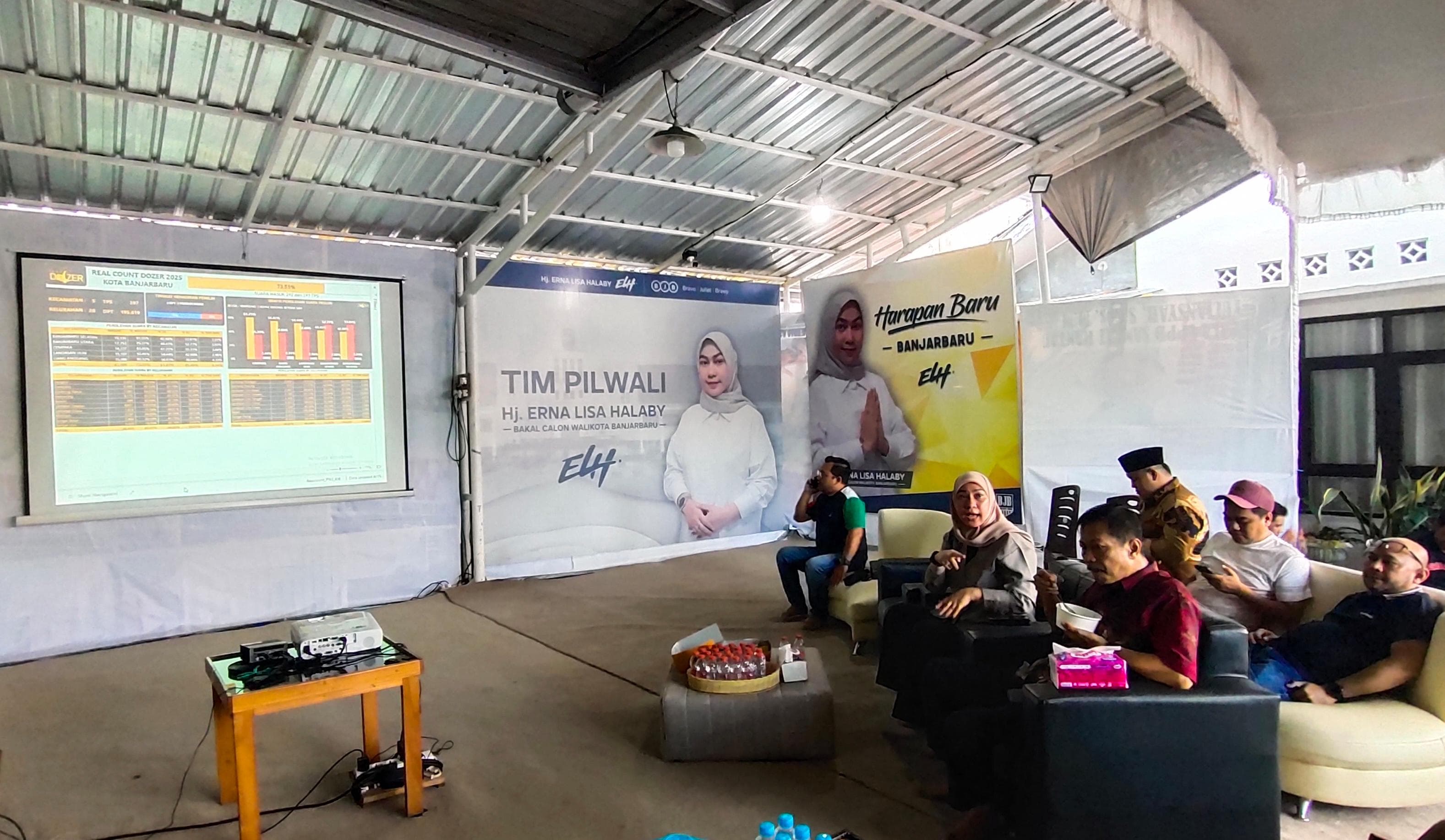 TEGANG:Calon Wali Kota dan Calon Wakil Wali Kota Banjarbaru, Hj Erna Lisa Halaby-Wartono memantau Real Count PSU Banjarbaru 2025 oleh tim Dozer, Sabtu (19/4/2025).(Foto:Bayu AR/Radar Banjarmasin)