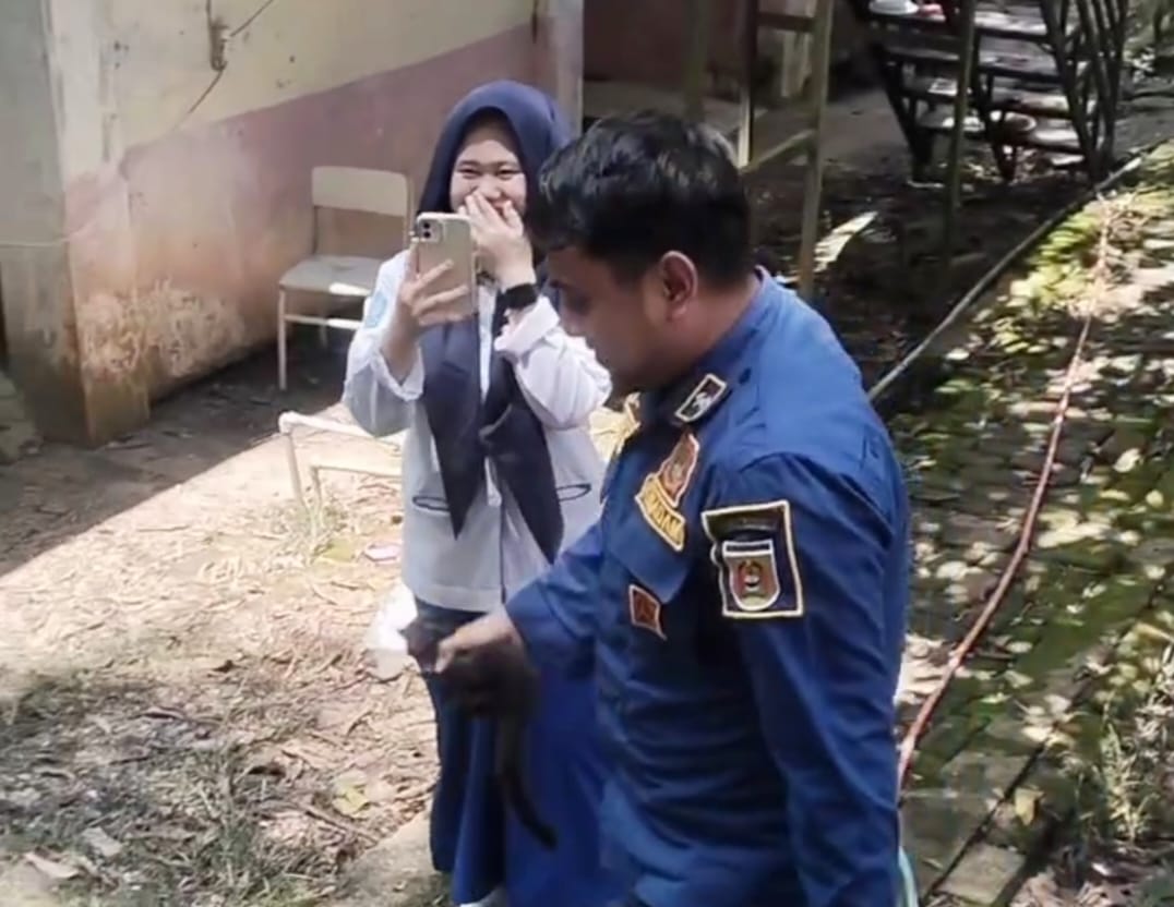 SENANG: Mahasiswi Akbid Yabkesbi lega saat Damkar Banjarbaru evakuasi musang dari area kampus, Selasa (22/4).