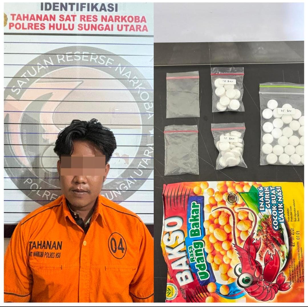 PELAKU: A.H (22) warga Desa Manarap, Kecamatan Danau Panggang ditangkap Sat Narkoba Polres HSU karena membawa puluhan butir obat terlarang. (Foto: M.Akbar/Radar Banjarmasin)