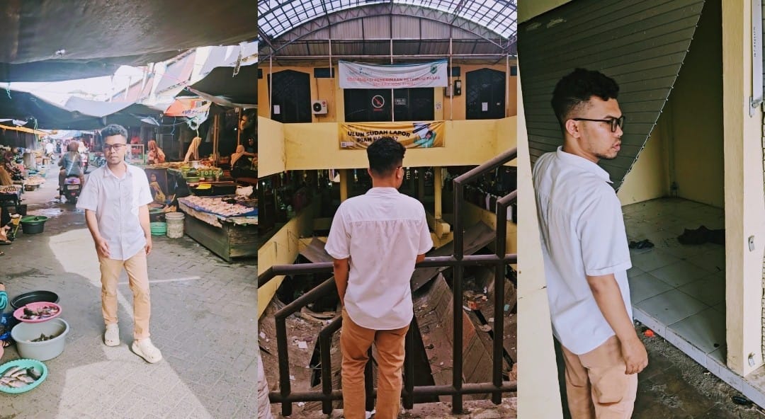 MENGAMATI: Pemerhati Kebijakan Publik Kota HSU Junaidi saat meninjau Pasar Induk Amuntai, di Kecamatan Amuntai Tengah, Kabupaten HSU.
