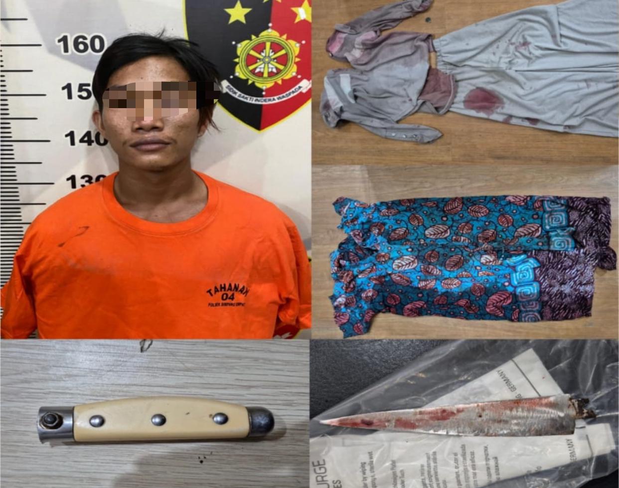 DIRINGKUS: Polisi mengamankan pelaku dan barang bukti berupa pisau serta pakaian korban setelah penangkapan di Kusan Tengah, Tanah Bumbu. (Foto: Polres Tanah Bumbu)