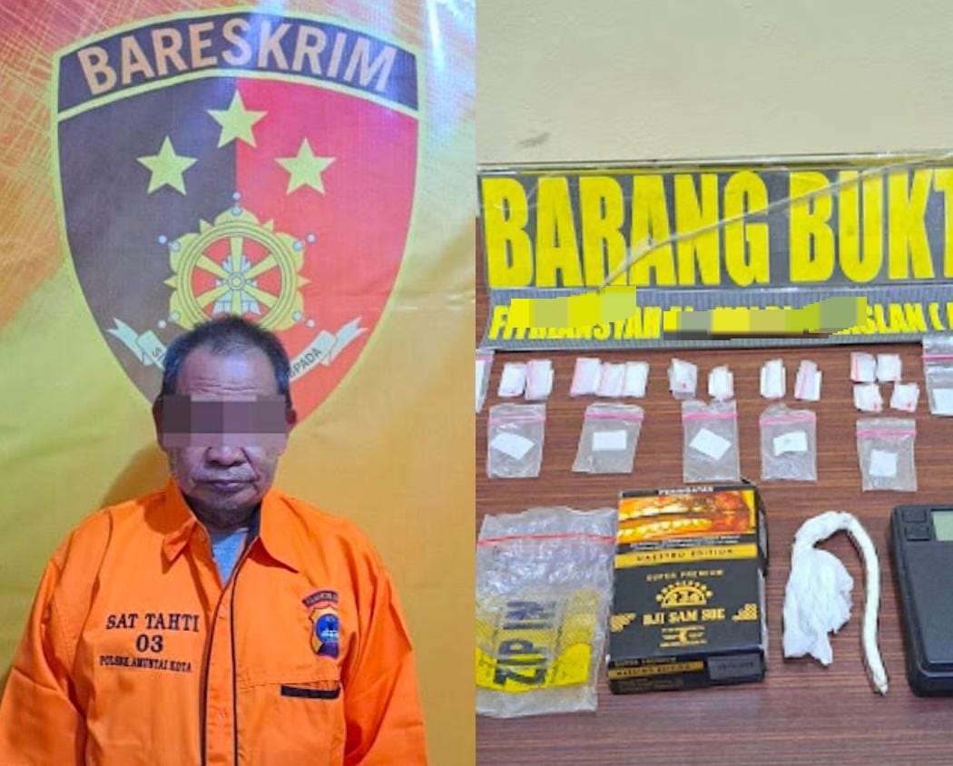 DITANGAP: Tersangka F alias Kai (64) dan barang bukti berupa 15 paket sabu siap edar diamankan Polsek Amuntai Tengah, Polres Hulu Sungai Utara. (Foto: M.Akbar/Radar Banjarmasin)