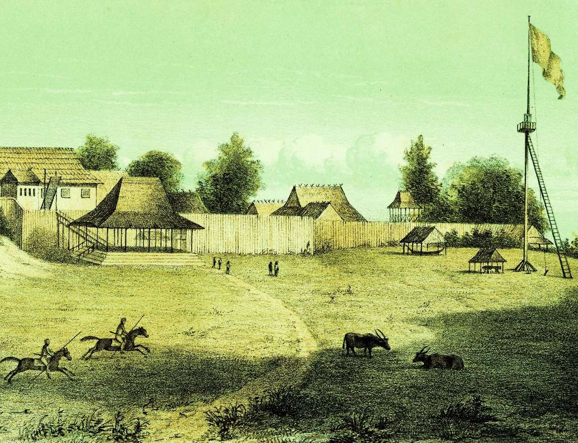 LUKISAN: Lukisan Keraton (Dalem) Martapura menurut Schwaner yang melakukan perjalanan antara tahun 1843-1847.