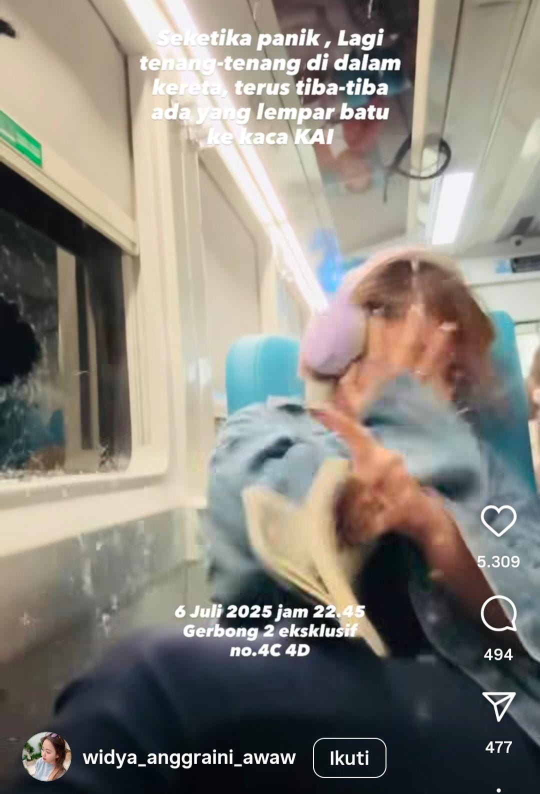 LUKA-LUKA:Widya Anggraini, penumpang kereta Sancaka Eksekutif jurusan Yogyakarta-Surabaya jadi korban lemparan batu ke kereta, Minggu (6/7/2025) malam.(Foto:IG widya_anggraini_awaw)