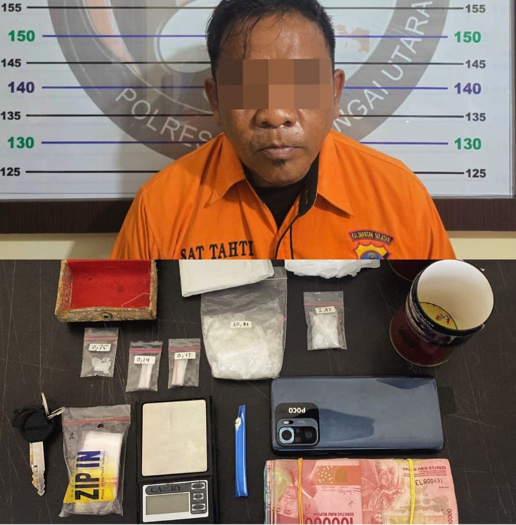 KASUS: AF (48) tahun, tersangka dalam kepemilikan paket sabu seberat 34,81 gram, di Kelurahan Paliwara Kecamatan Amuntai Tengah, Kabupaten HSU. (Foto: Polres HSU)