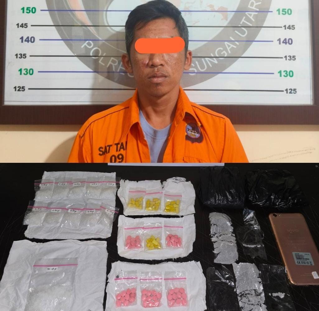 DITANGKAP: AR (30) warga Kabupaten Hulu Sungai Selatan, ditangkap di wilayah hukum Polres Hulu Sungai Utara karena membawa sabu dan ekstasi.