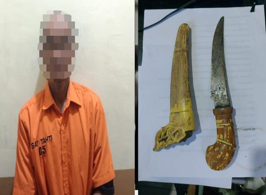 DIAMANKAN POLISI: S (42) dan pisau miliknya yang diamankan petugas Polsek Astambul.