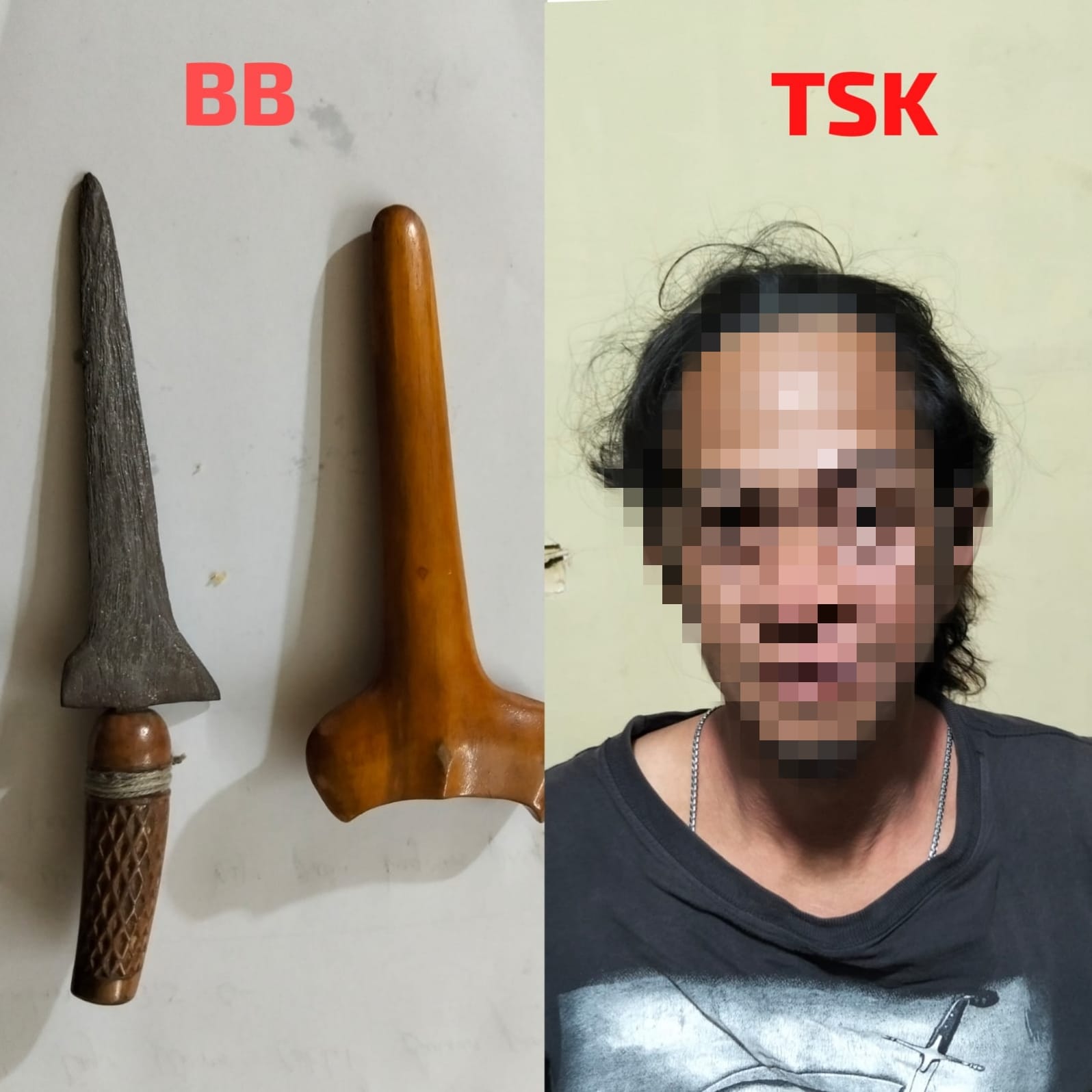 DIAMANKAN: Pelaku AR (38) dan barang bukti sajam yang diamankan Polsek Cempaka.