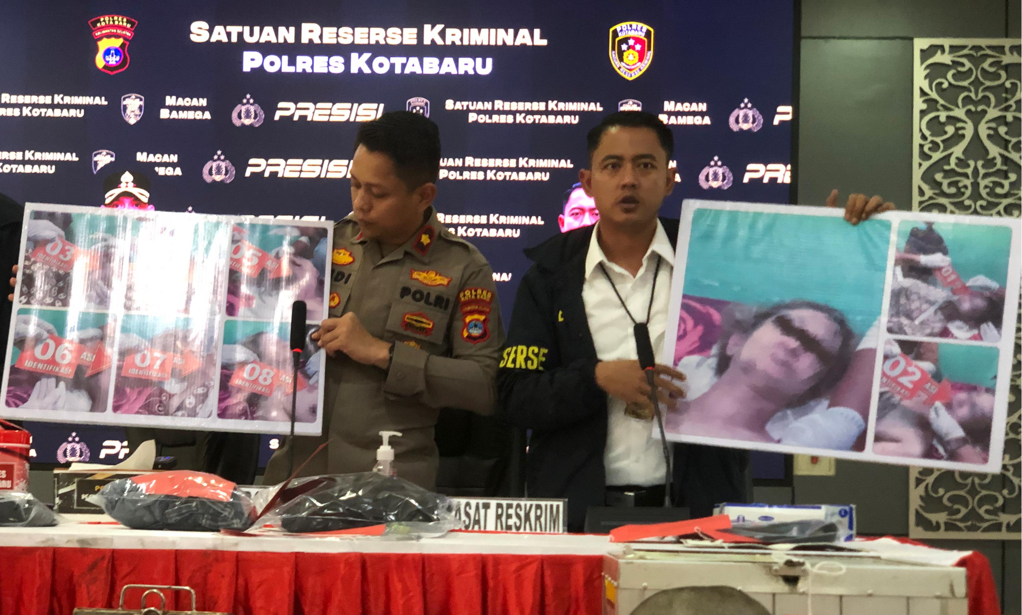 PRESS RELEASE: Wakapolres Andi Ahmad Bustanil, didampingi Kasatreskrim Polres Kotabaru, AKP Shoqif Fabrian memperlihatkan foto korban. Foto: Jumain/ Radar Banjarmasin.