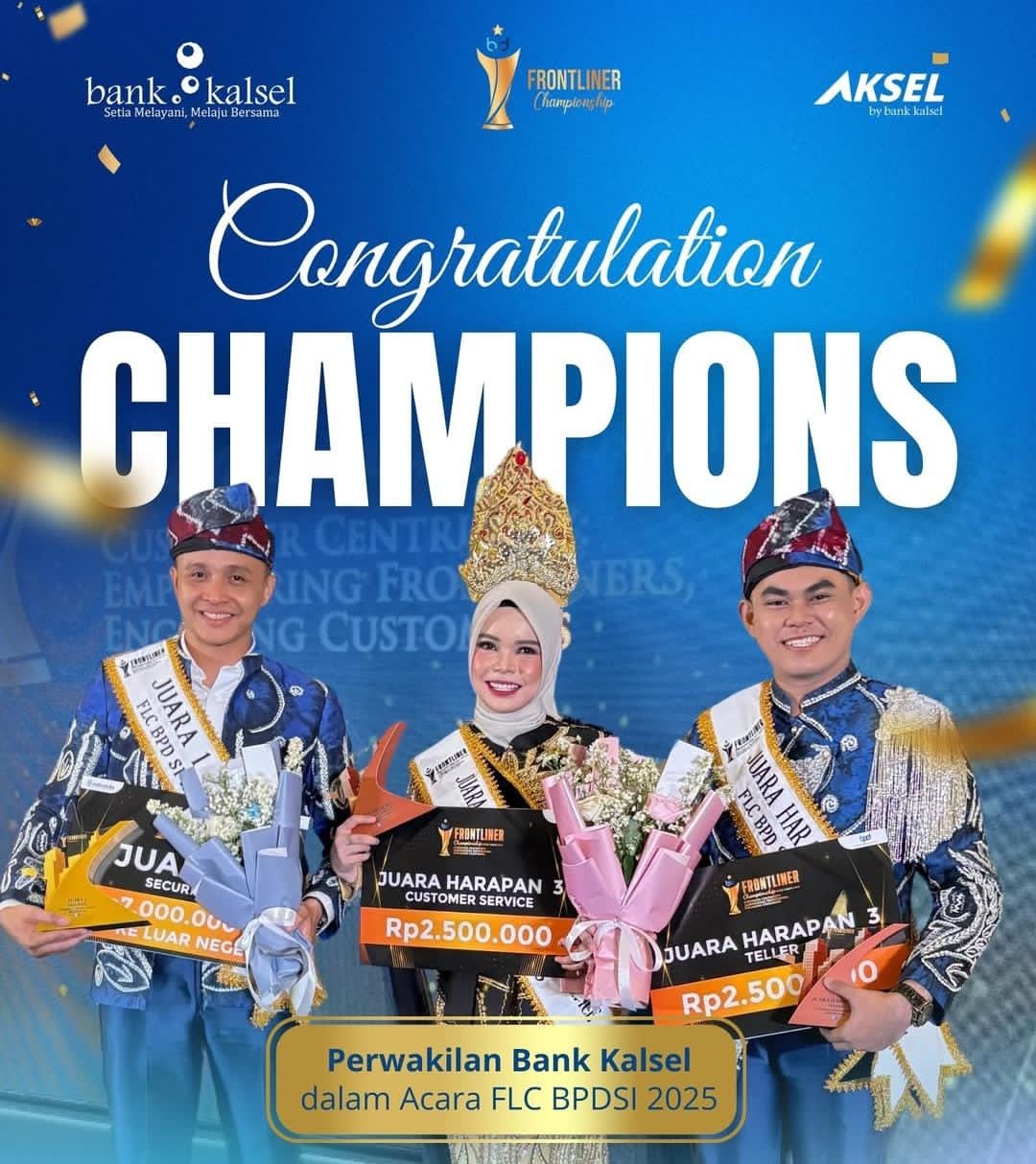 JUARA : Tiga Wakil Bank Kalsel meraih juara di Frontliner Championship BPD 2025.Foto:Bank Kalsel