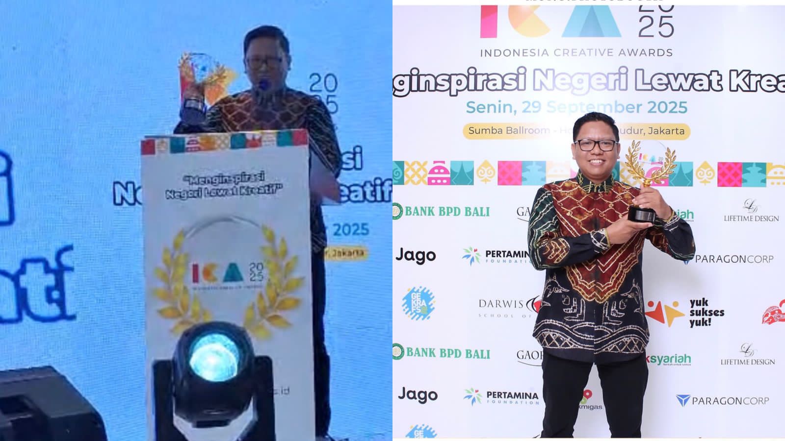 BIKIN BANGGA: M Basir, Ketua DPC Gekrafs Kotabaru memperlihatkan Penghargaan Indonesia Creative Awards 2025 yang berhasil diraihnya