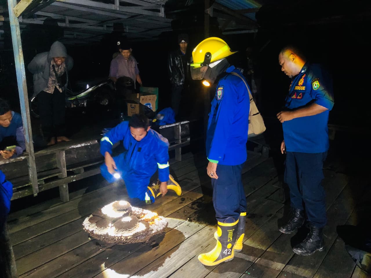 EVAKUASI:Tim Dinas Satpol PP dan Damkar Kabupaten HSU mengevakuasi sarang tawon Vespa di di Desa Padang Bangkal, Kecamatan Sungai Pandan, Jumat (3/10/2025) malam.Foto:Dinas Satpol PP dan Damkar HSU