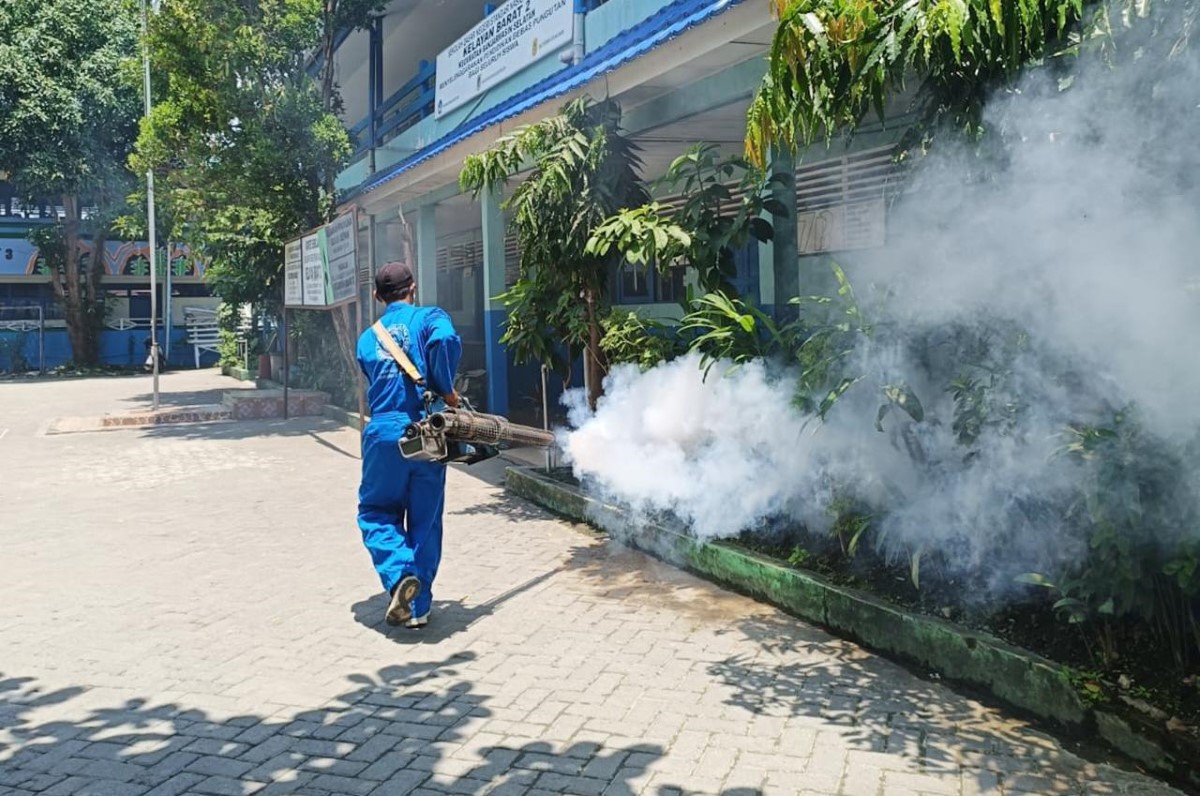 FOGGING: Petugas melakukan fogging di lingkungan sekolah untuk mematikan nyamuk Aedes aegypti penyebab DBD.
