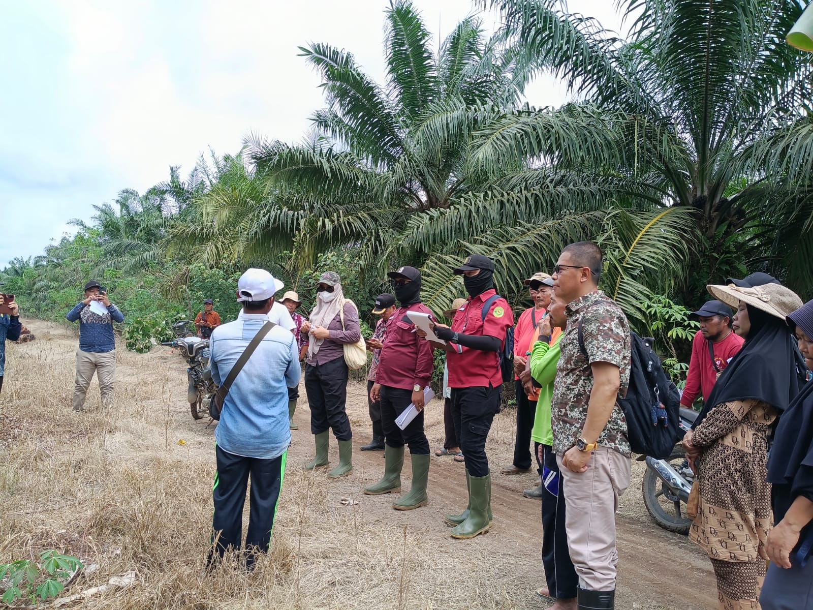 SIDANG DITEMPAT:Majelis Hakim, pemilik perusahaan dan pihak warga penggugat saat berada di lokasi lahan perkebunan sawit menggelar sidang di lokasi kejadian.// Ahmad Untuk Radar Banjarmasin