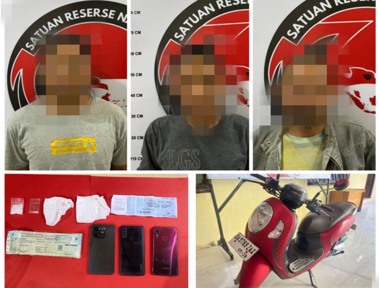DIRINGKUS: Petugas Satresnarkoba Polres Tanah Bumbu mengamankan tiga pria yang diduga terlibat dalam peredaran sabu di Kecamatan Simpang Empat. (Foto: Polres Tanah Bumbu)