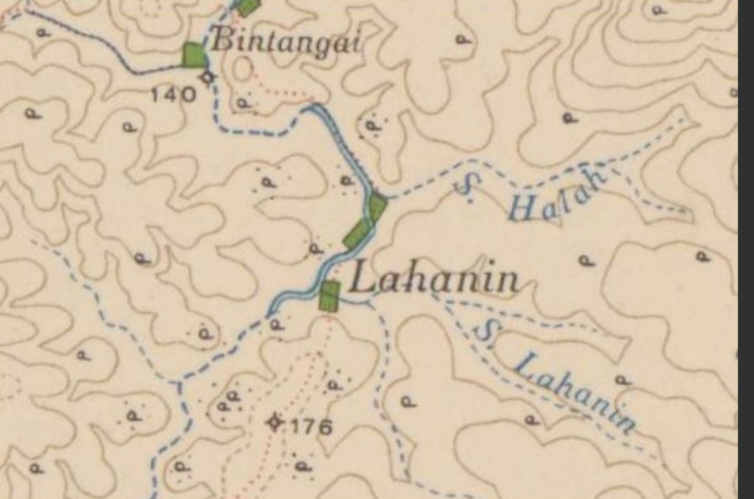 Posisi Kampung Lahanin di Daerah Aliran Sungai (DAS) Riam Kiwa  sesuai peta survei Dinas Topografi Hindia Belanda (Topographische Dienst) tahun 1926. Sumber: Koninklijk Instituut voor Taal, Land en Vo