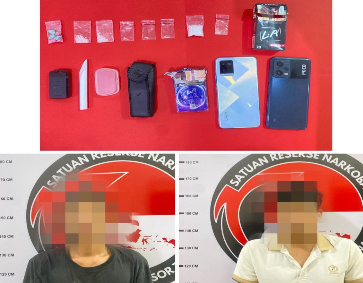 DIRINGKUS: Petugas Satresnarkoba Polres Tanah Bumbu mengamankan dua pria tersangka kasus peredaran sabu dan ekstasi di Kecamatan Simpang Empat. (Foto: Satresnarkoba untuk Radar Banjarmasin)