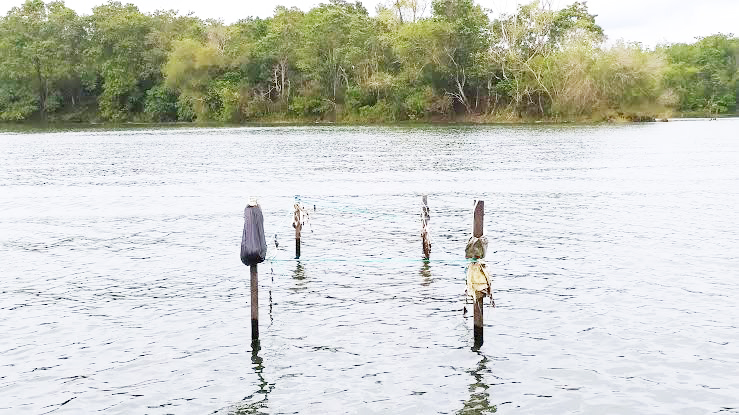 KERAMAT: Sejumlah pengunjung menaiki perahu klotok menatap khidmat ke arah empat tonggak kayu yang jadi tanda keberadaan Makam Keramat yang Tenggelam di Desa Belangian, Kecamatan Aranio