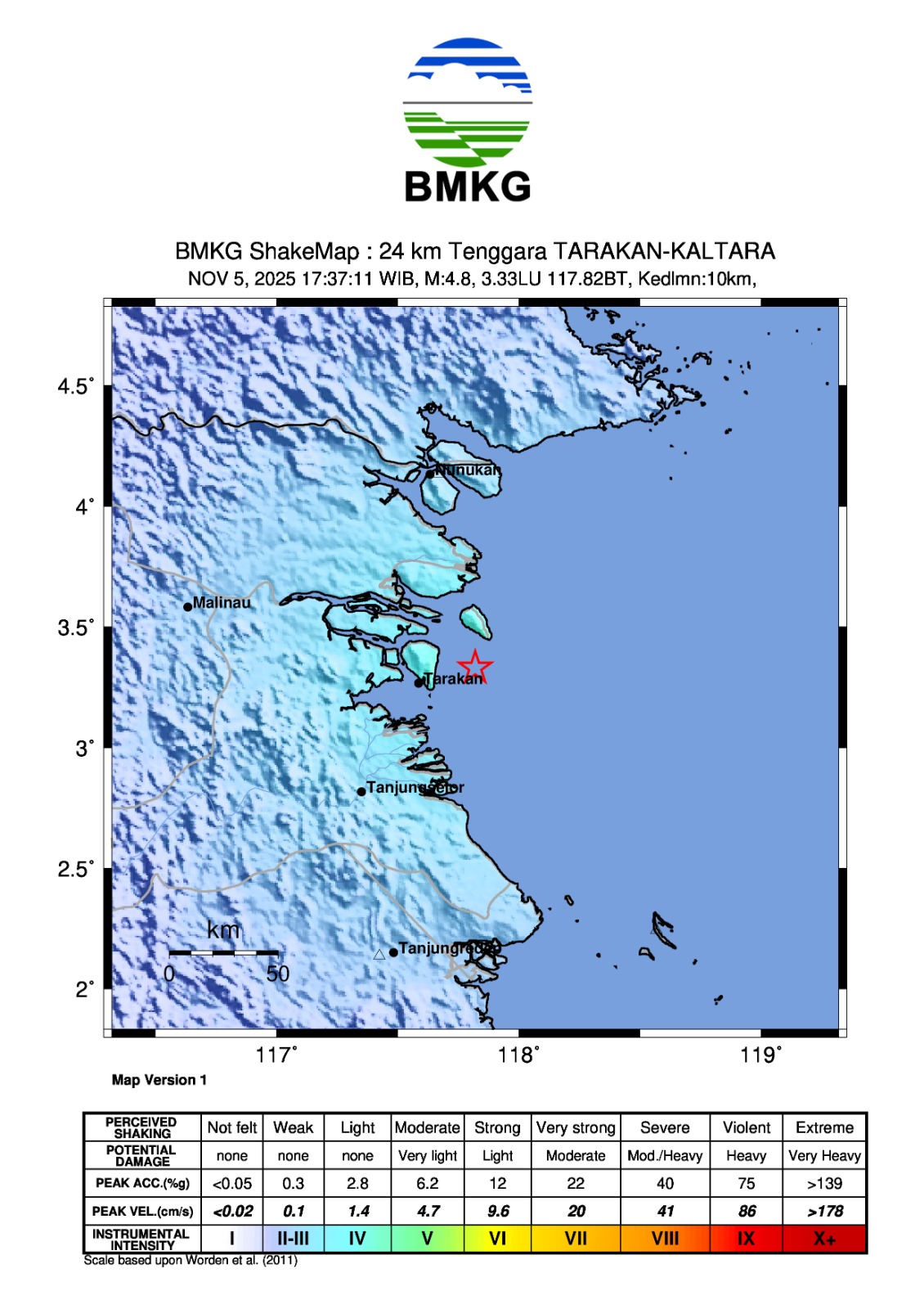 GEMPA: Peta gempa yang mengguncang wilayah Tarakan, Kalimantan Utara, Rabu (5/11/2025) sore.