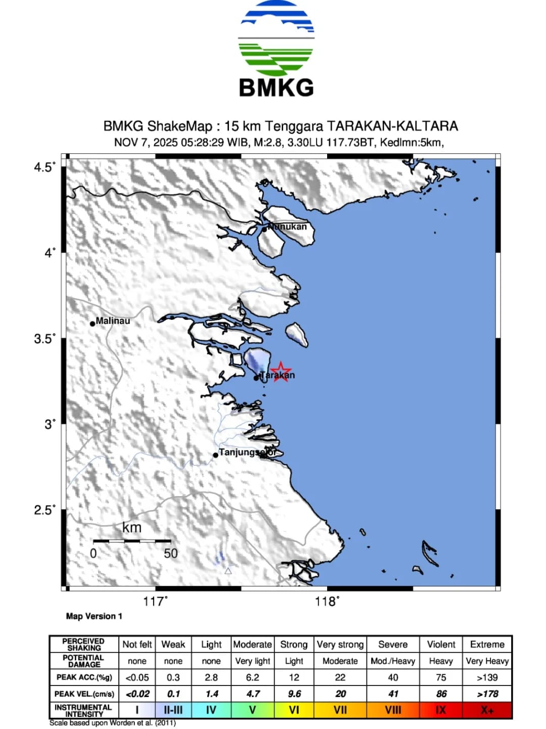 MENGUAT: Titik episenter gempa akibat aktivitas sesar tarakan pada Jumat (7/11/2025) pagi.