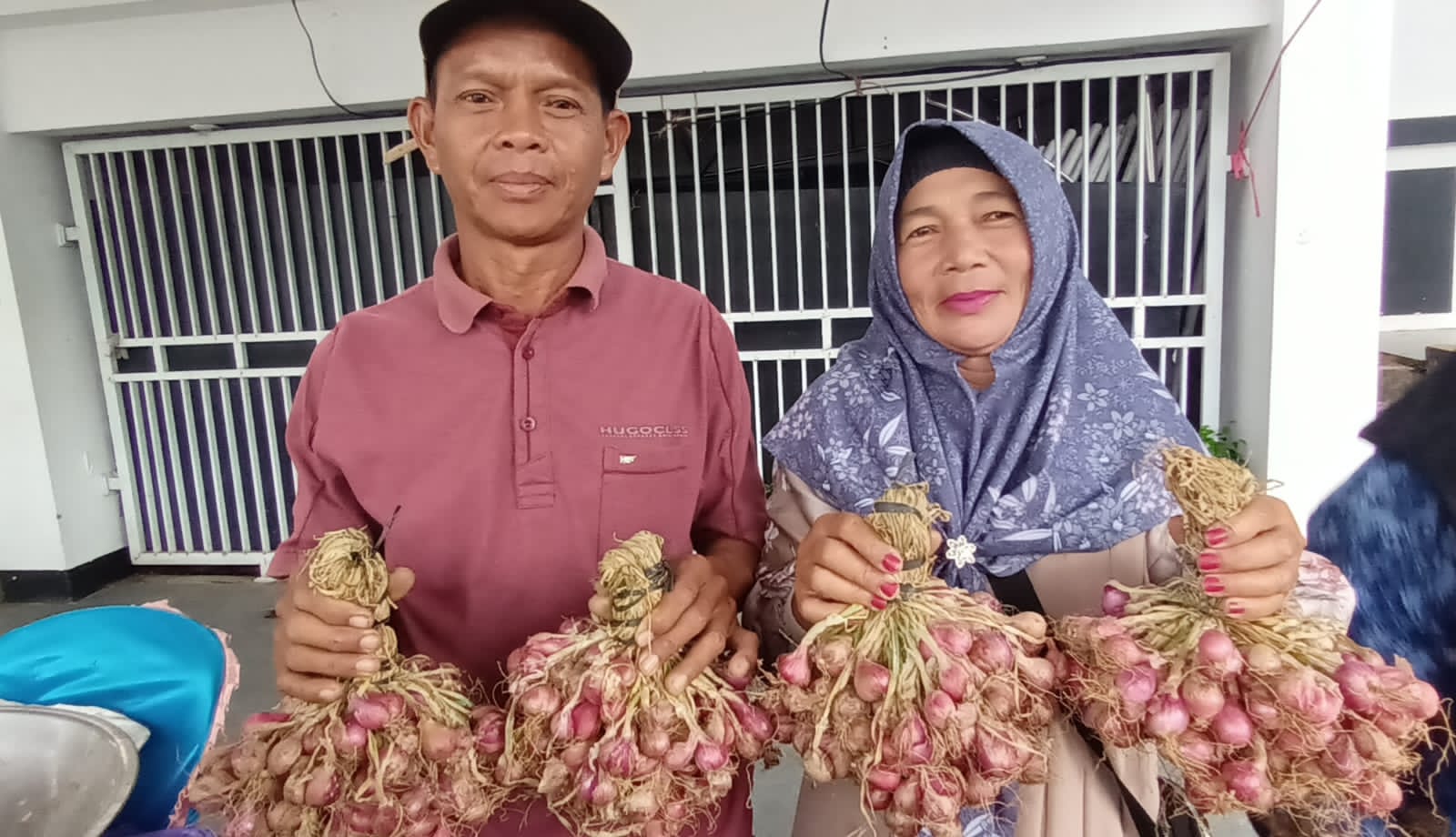 SUKSES:Zainuddin dan Mistana, pasangan petani asal Desa Uwie, RT 1, Kecamatan Muara Uya,  Kabupaten Tabalong menunjukkan bawang merah hasil tanaman mereka.