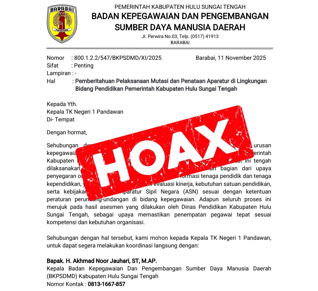 HOAX: BKPSDM HST angkat bicara soal surat mutasi ASN palsu. (Foto: Istimewa)