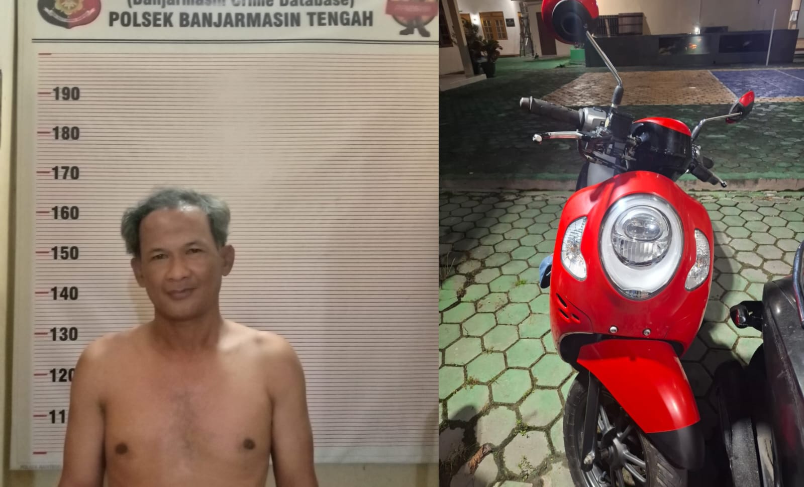 DIBEKUK: Penjaga parkir di warung bakso ini ditangkap setelah dua minggu mencuri sepeda motor milik ojol.