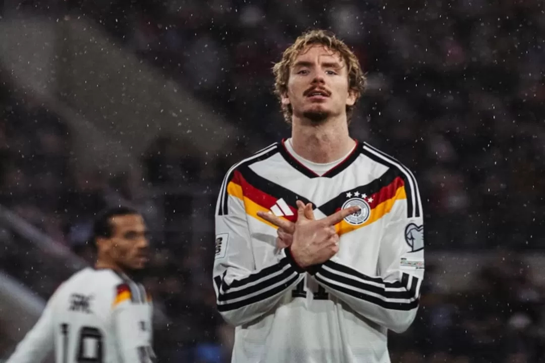 CETAK GOL: Selebrasi penyerang Jerman, Nick Woltemade setelah cetak gol lawan Luksemburg.