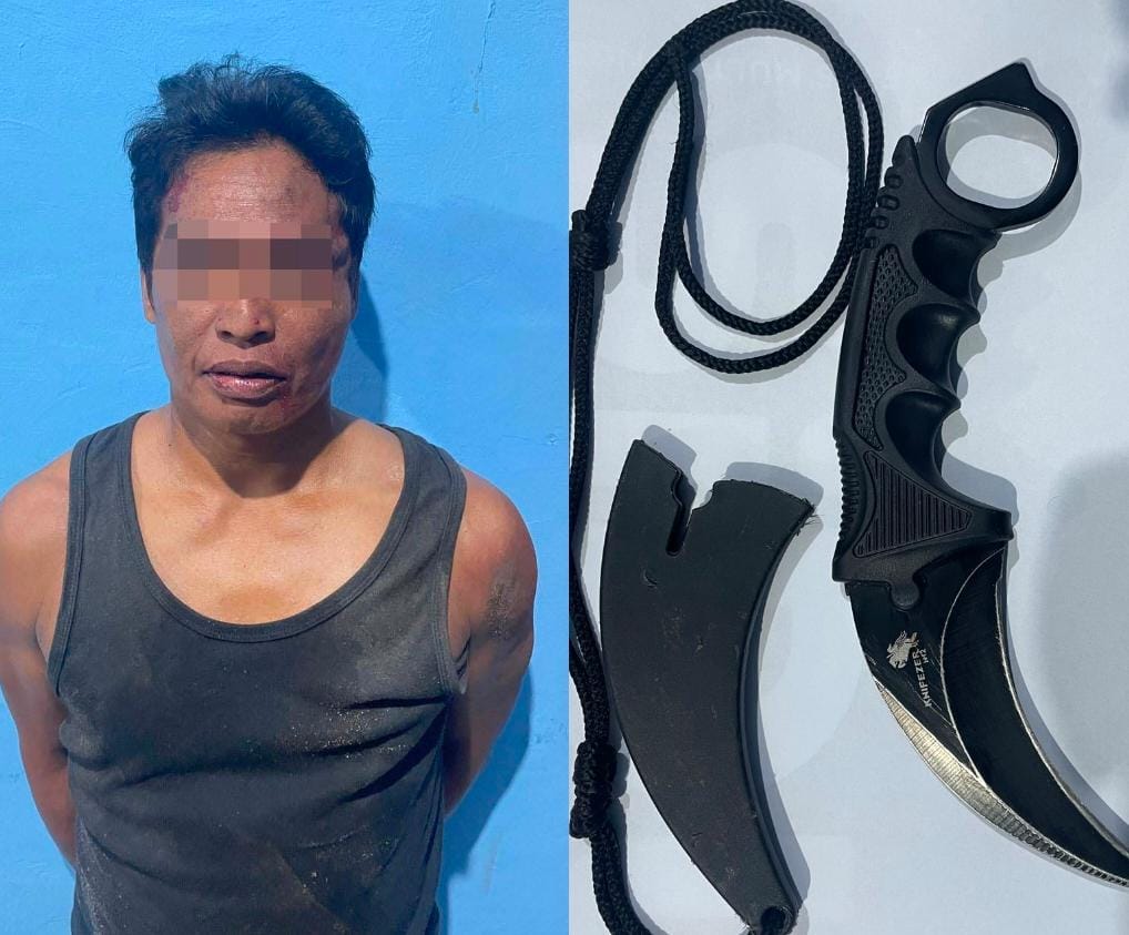 APES: Akibat bawa senjata tajam jenis sangkur S (41) warga Desa Kaludan Kecil Kecamatan Banjang, ditangkap anggota Satreskrim Polres HSU.