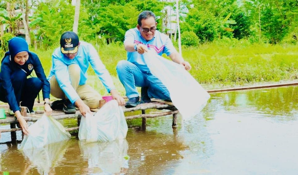 BANTU NELAYAN: Bupati HSU H Sahrujani (kanan) melaksanakan penebaran bibit ikan air tawar bersama pejabat terkait di Kecamatan Sungai Pandan, Jumat (21/11/2025).