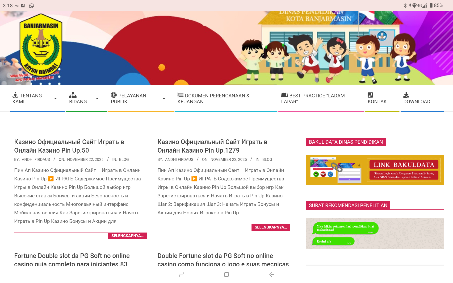 HURUF SIRILIK: Tampilan homepage atau halaman depan situs resmi Dinas Pendidikan Kota Banjarmasin, Ahad (23/11/2025) siang.
