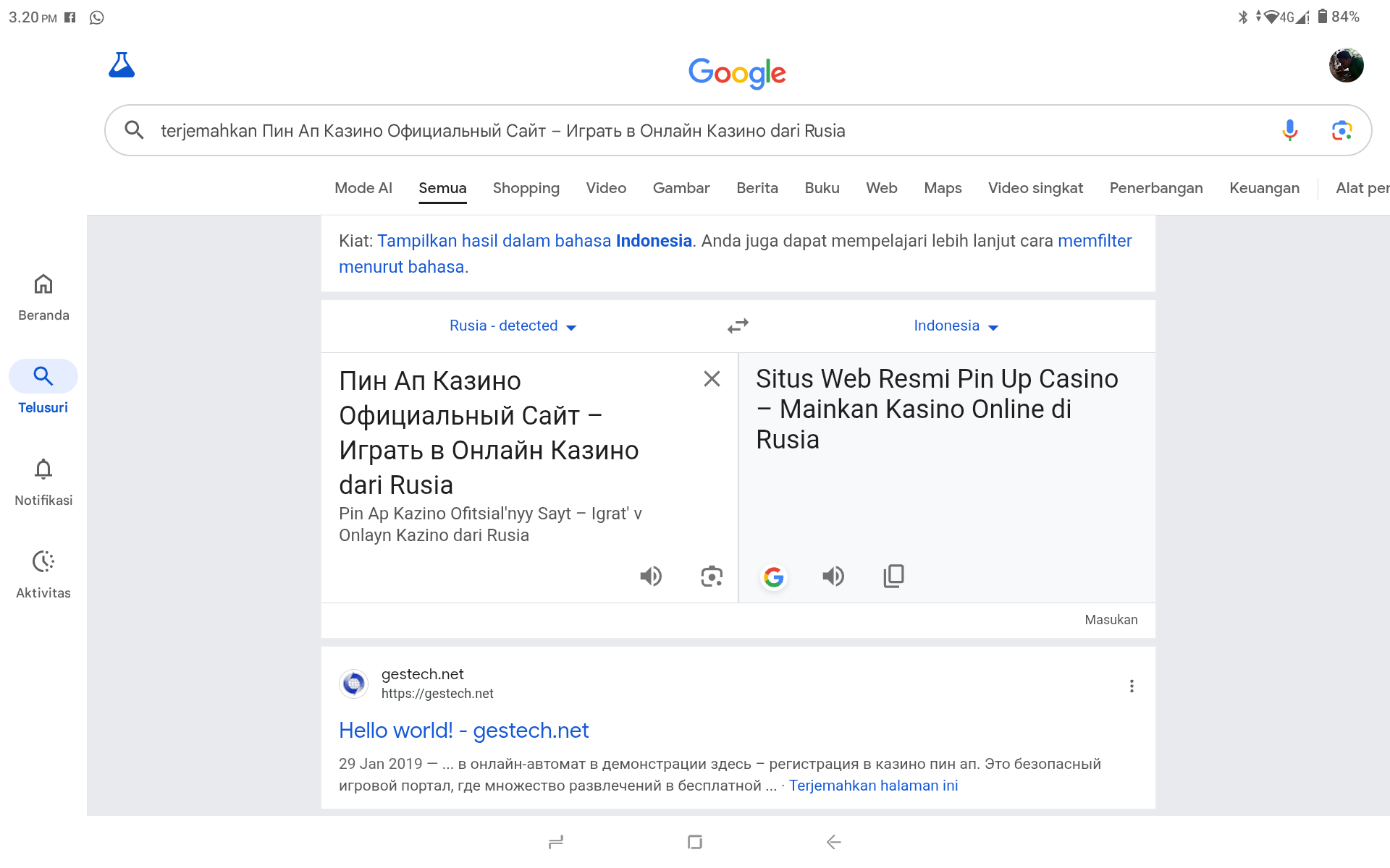 JUDOL RUSIA:Hasil terjemahan salah satu potongan artikel di situs resmi Dinas Pendidikan Kota Banjarmasin yang diduga kena hack.