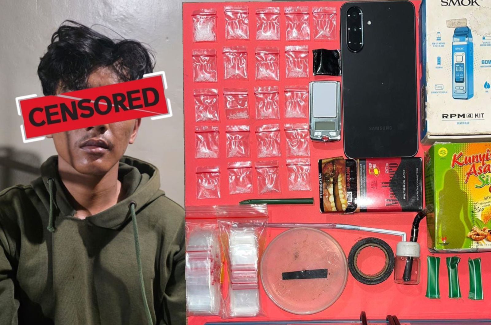 DITANGKAP: Pria berinisial TYBK (21) yang ditangkap Satresnarkoba Polres Kotabaru gara gara sabu. Foto: Humas Polres Kotabaru.