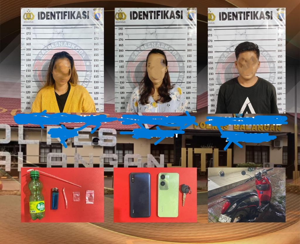 DIAMANKAN: Tiga pelaku bersama barang bukti sabu dan alat hisap yang diamankan polisi di Batu Piring.