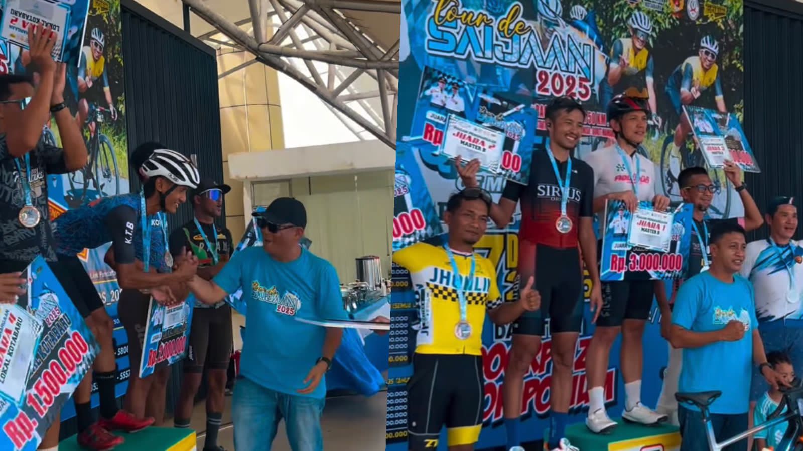 NAIK PODIUM:Suasana pembagian hadiah lomba balap sepeda Tour de Saijaan 2025 di Kotabaru.
