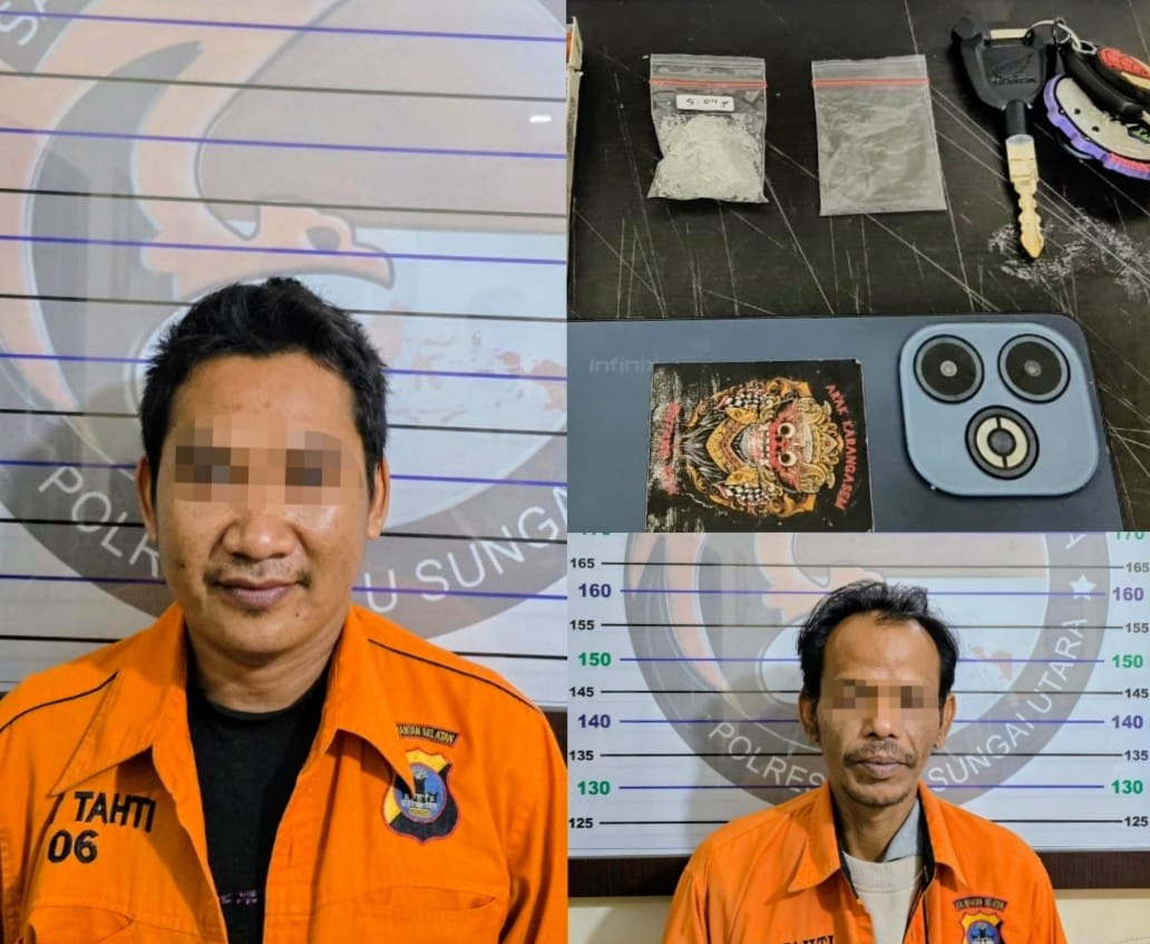 DITANGKAP: Tersangka Aam Dani alias Aam (31) warga Desa Hilir Mesjid, Sungai Tabukan, serta Yamani alias Yamani (43) warga Lempongsari, Semarang, ditangkap dalam kasus kepemilikan sabu.