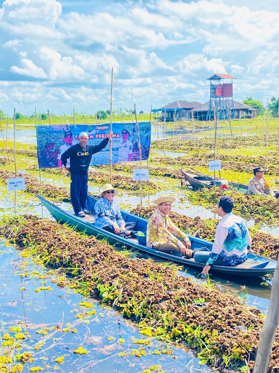 NAIK JUKUNG:Bupati HSU, H Sahrujani melihat langsung sistem pertanian hortikultura sistem terapung di Kecamatan Danau Panggang, Kamis (11/12/2025).