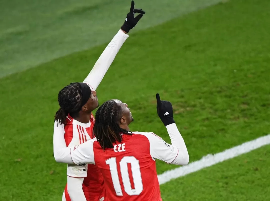 MENGALAHKAN: Noni Madueke mencetak dua gol saat Arsenal mengalahkan Club Brugge di Liga Champions, Kamis (11/12).