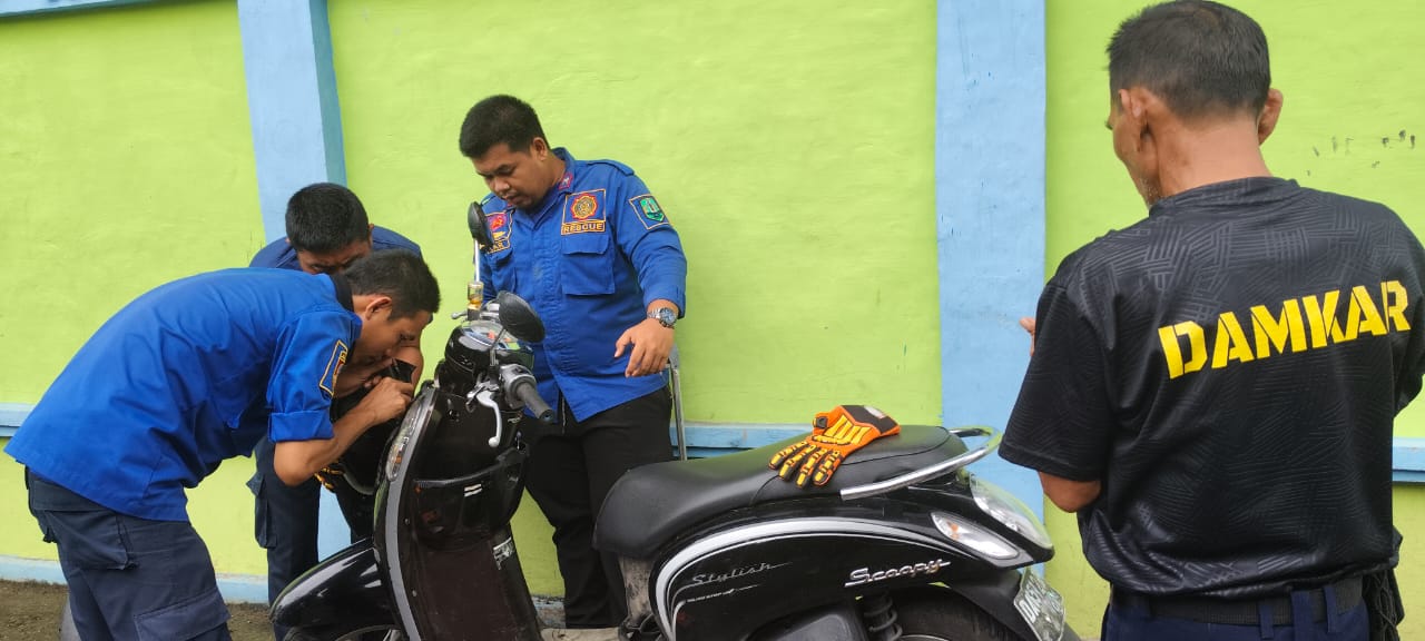 EVAKUASI: Anggota Damkar Dinas Satpol PP dan Damkar HSU saat melakukan evakuasi anakan Ular Kobra, yang bersembunyi di dalam body motor Honda Scoopy warga Desa Sungai Karias, Kecamatan Amuntai Tengah.