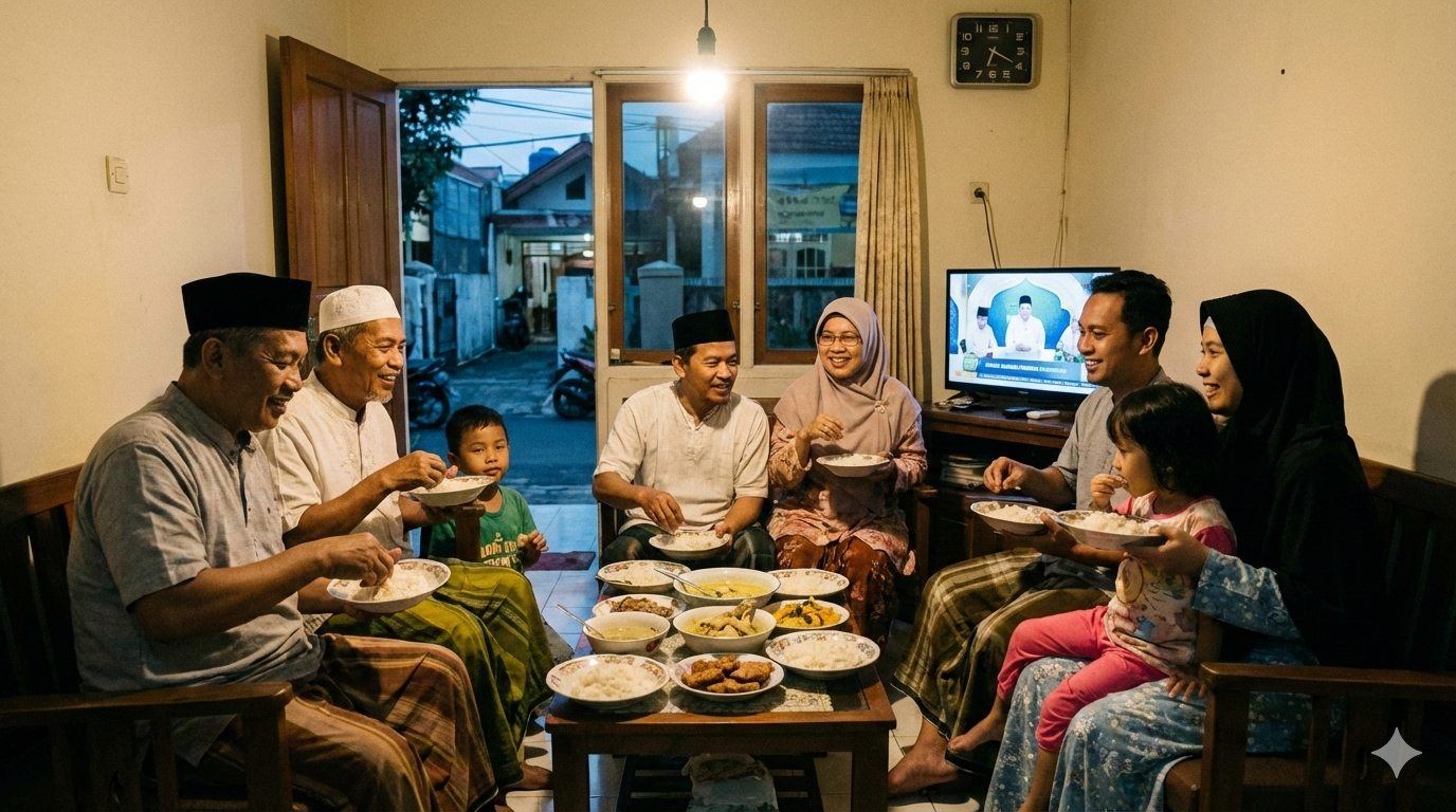 Ilustrasi suasana keluarga muslim di Indonesia yang sedang berbuka puasa sunah Rajab.